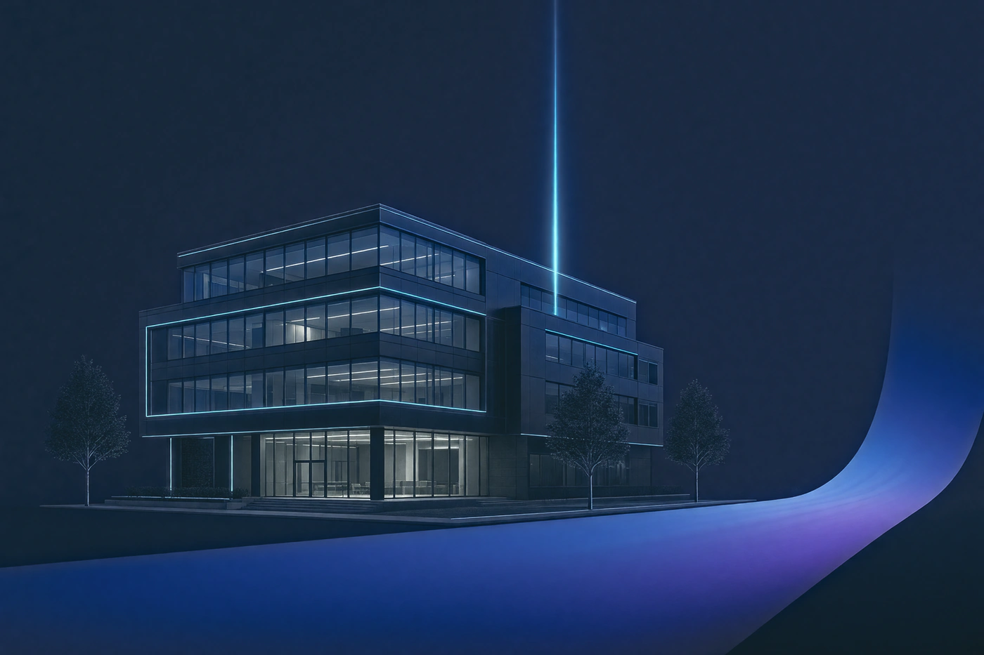 Illustration of an office building with a beam of light rising from its roof