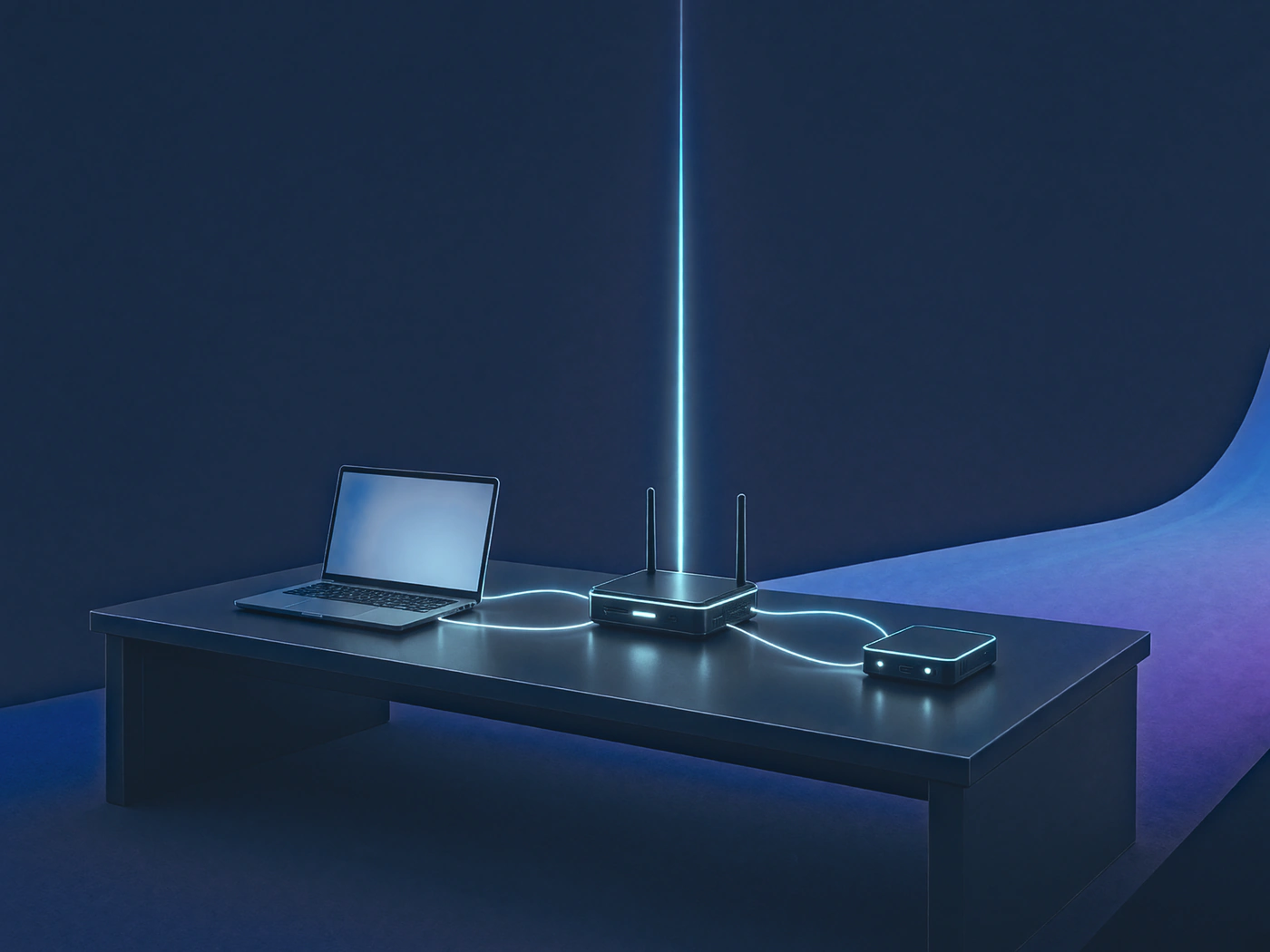 Illustration of a lab bench with a laptop, a router and a small computer linked by light