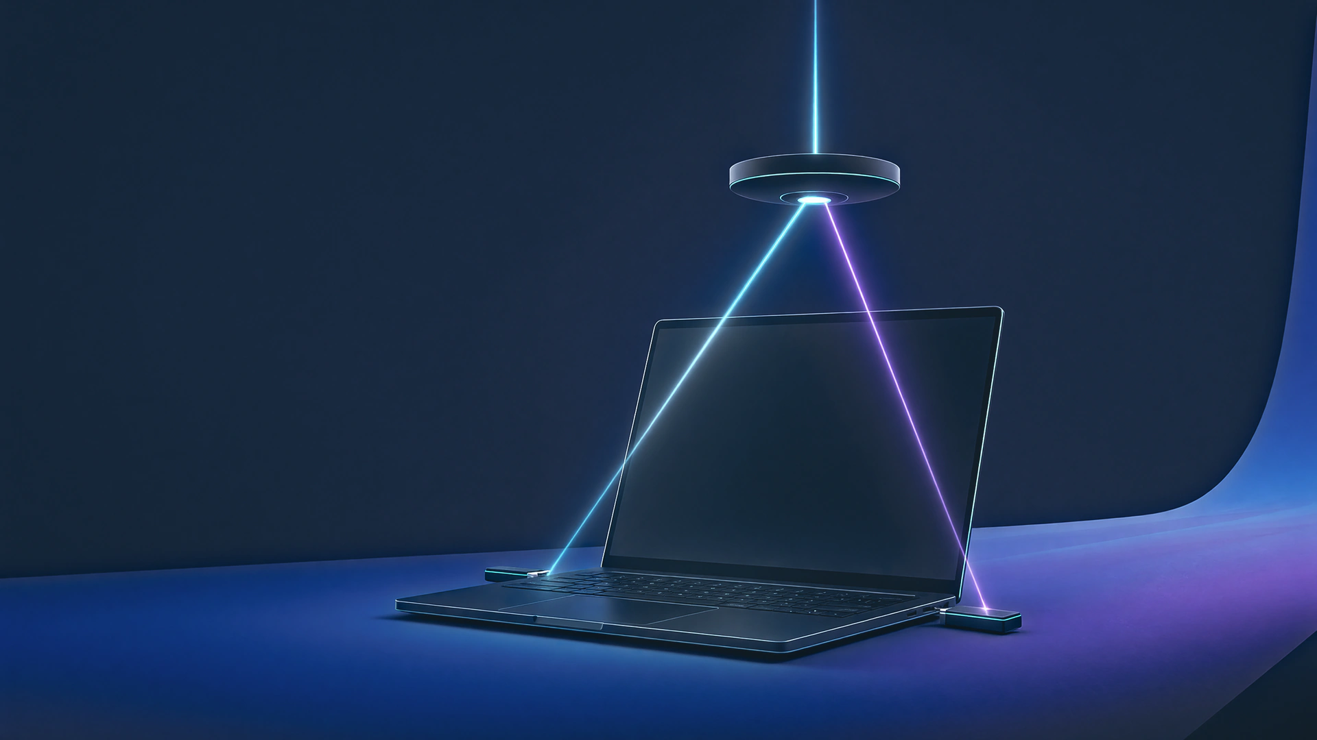 Illustration of a laptop with two USB Wi-Fi adapters, each joined to the same Wi-Fi access point by its own beam of light