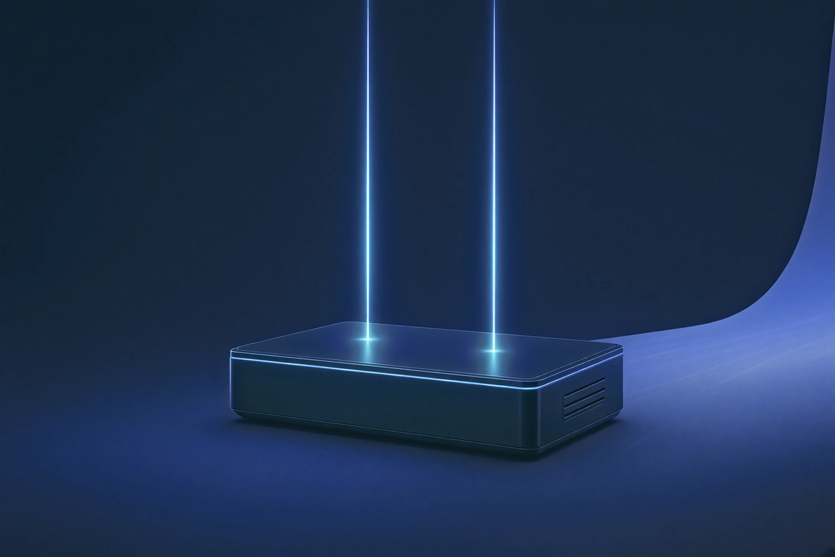 Illustration of a bonding router with two links of light rising from it