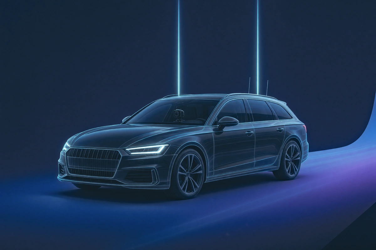 Illustration of an estate car with two links of light rising from its roof