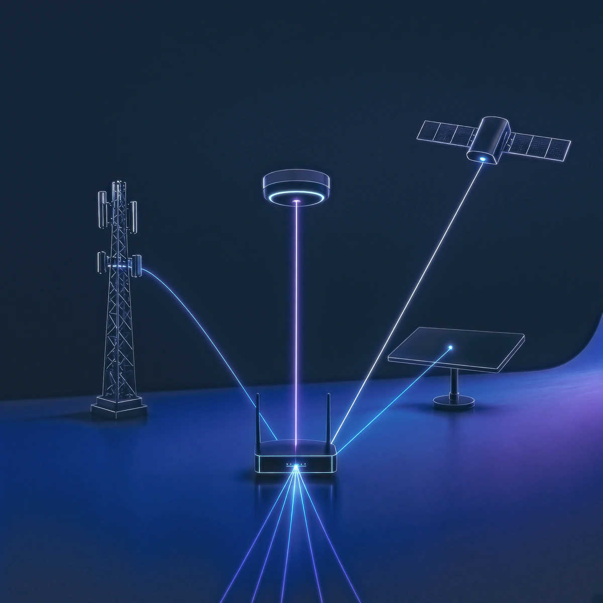 A router joining a cellular mast, a Wi-Fi access point and a satellite link into one connection