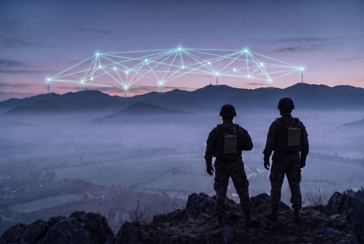 Soldiers with backpack radios linked to hilltop masts by a glowing mesh