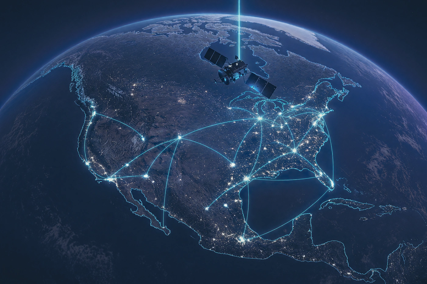 Satellite in low orbit above Earth at night with a glowing network web linking cities
