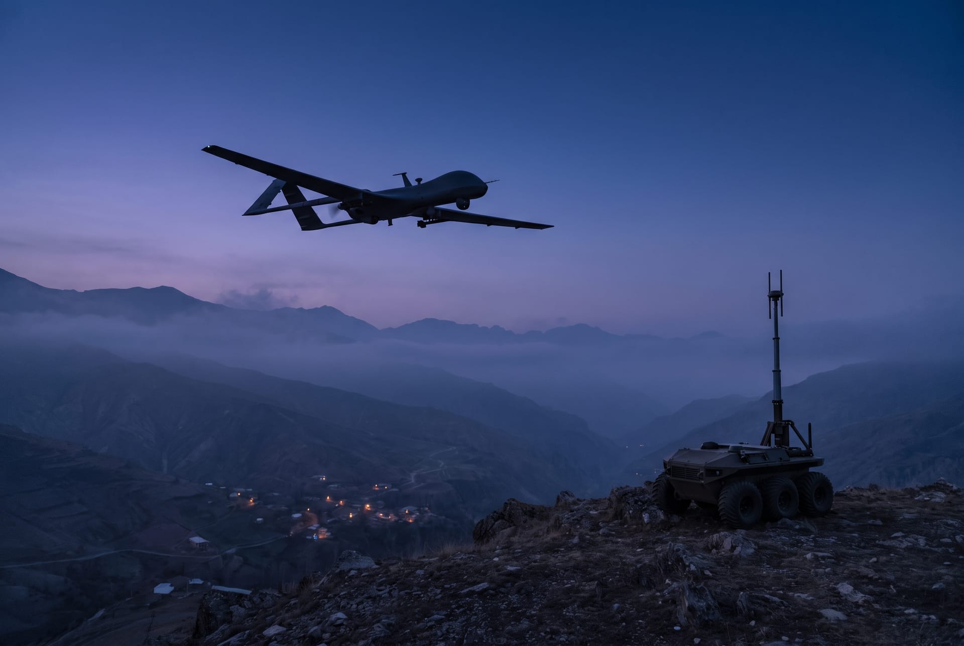 Reconnaissance drone and unmanned ground vehicle with a communications mast overlooking a misty valley at dusk