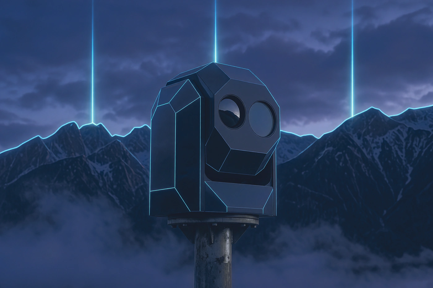 Electro-optical sensor gimbal on a telescopic mast in front of mountains