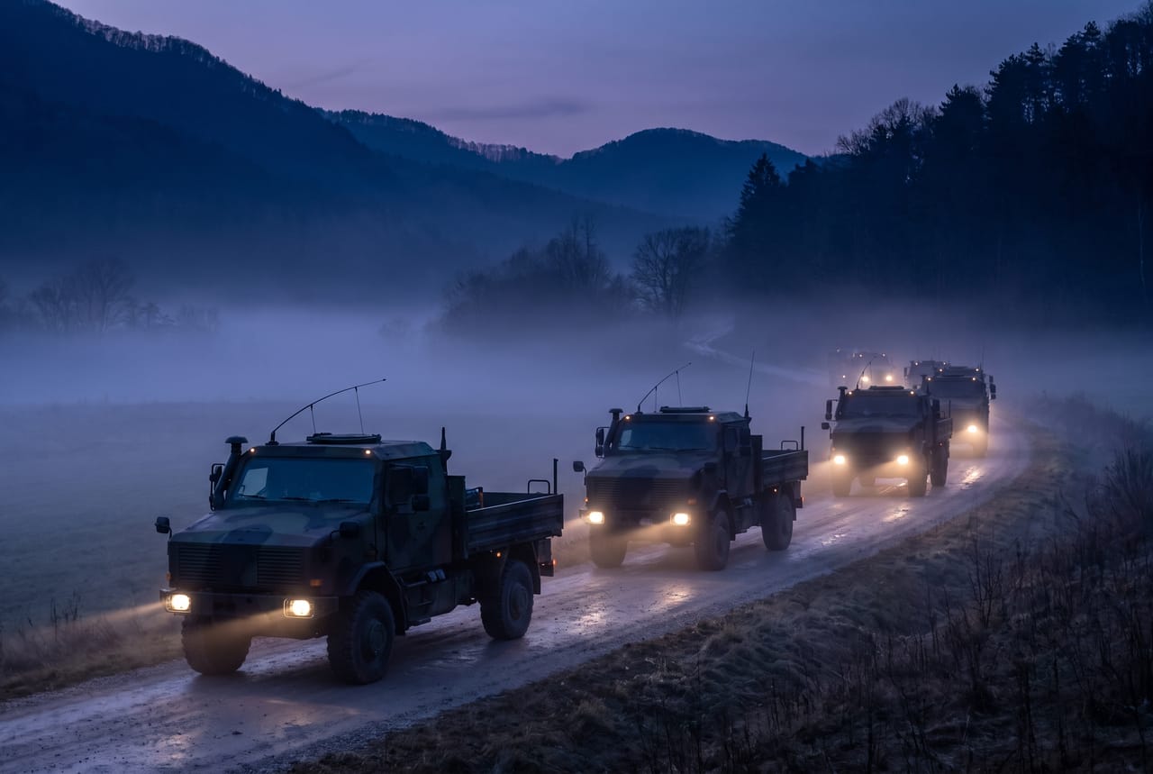 Convoy of military communications trucks on a misty valley road