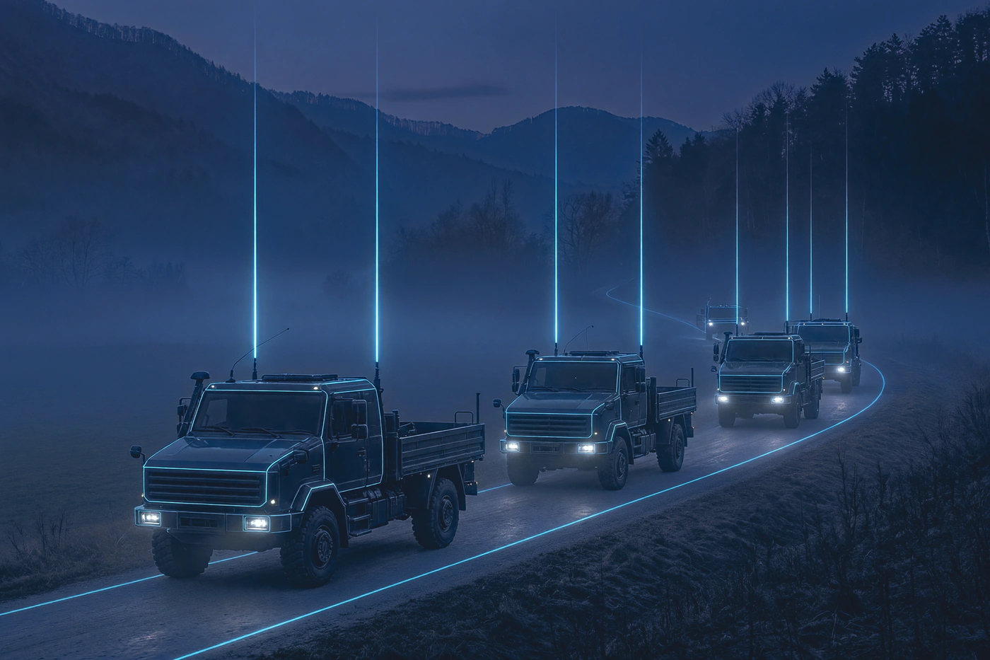 Convoy of military communications trucks on a misty valley road