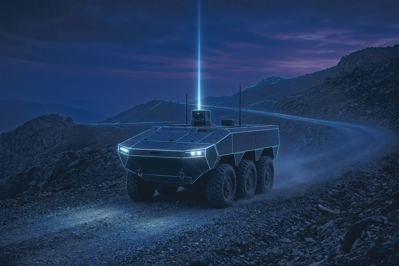 Unmanned armored vehicle with a sensor mast on a gravel mountain road