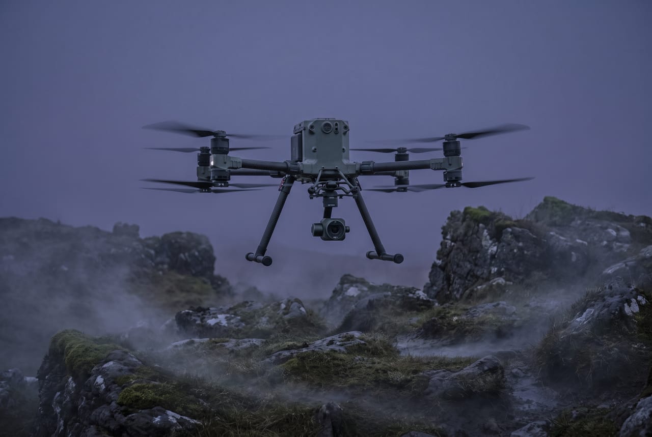 VTOL reconnaissance drone lifting off from rocky terrain at dusk