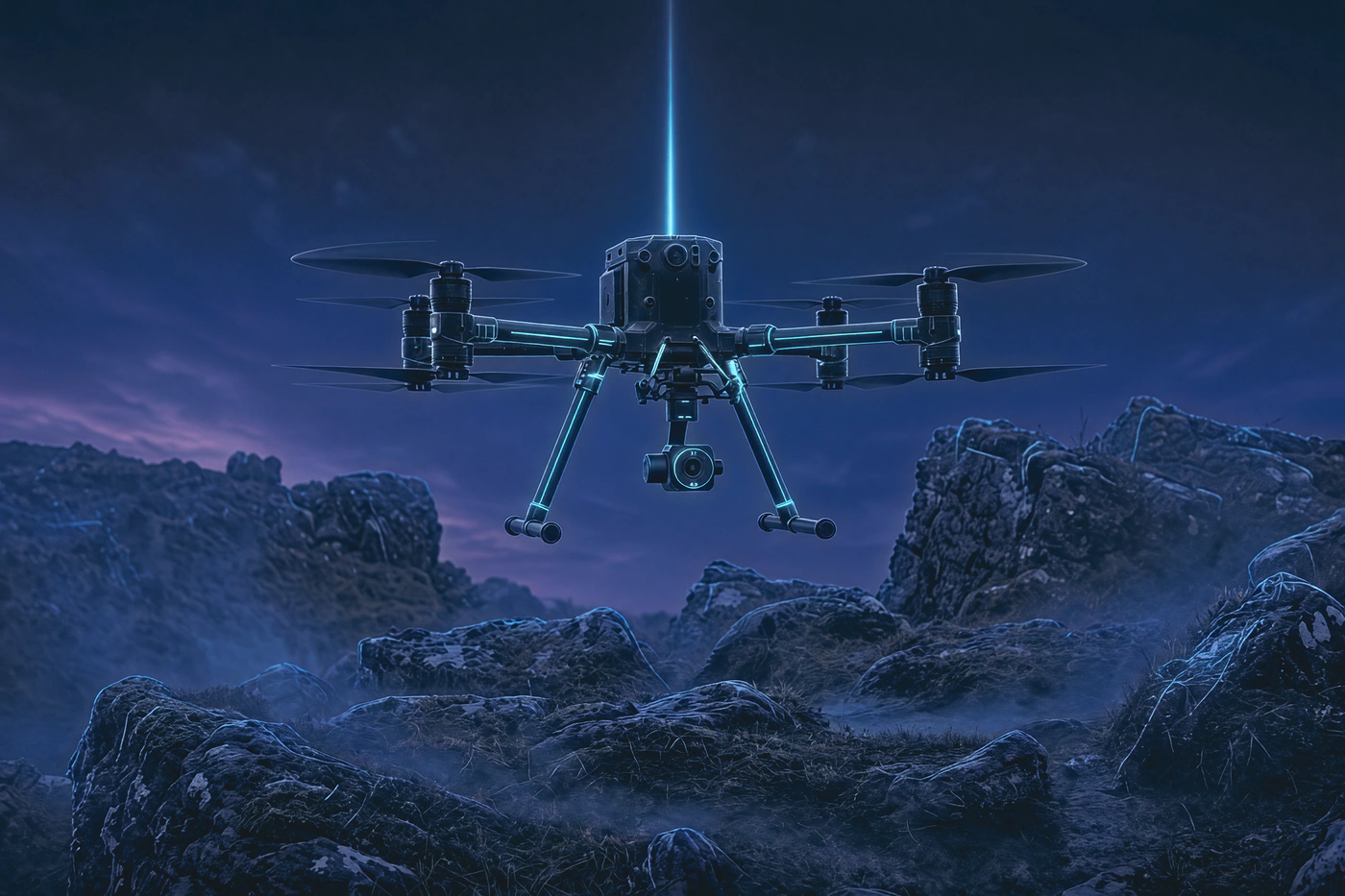 VTOL reconnaissance drone lifting off from rocky terrain at dusk