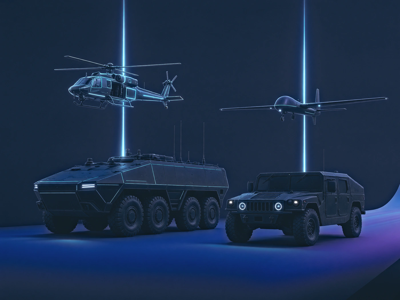 Illustration of an armoured personnel carrier, a military utility vehicle, a helicopter and a winged drone