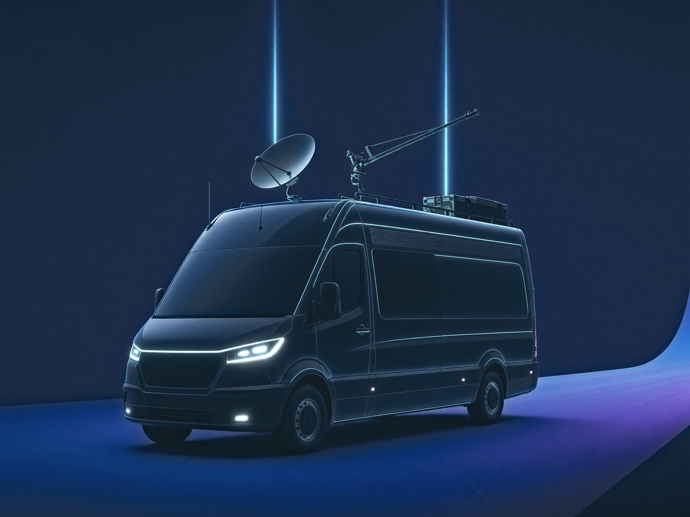 Illustration of an outside broadcast van with a satellite dish and mast on its roof