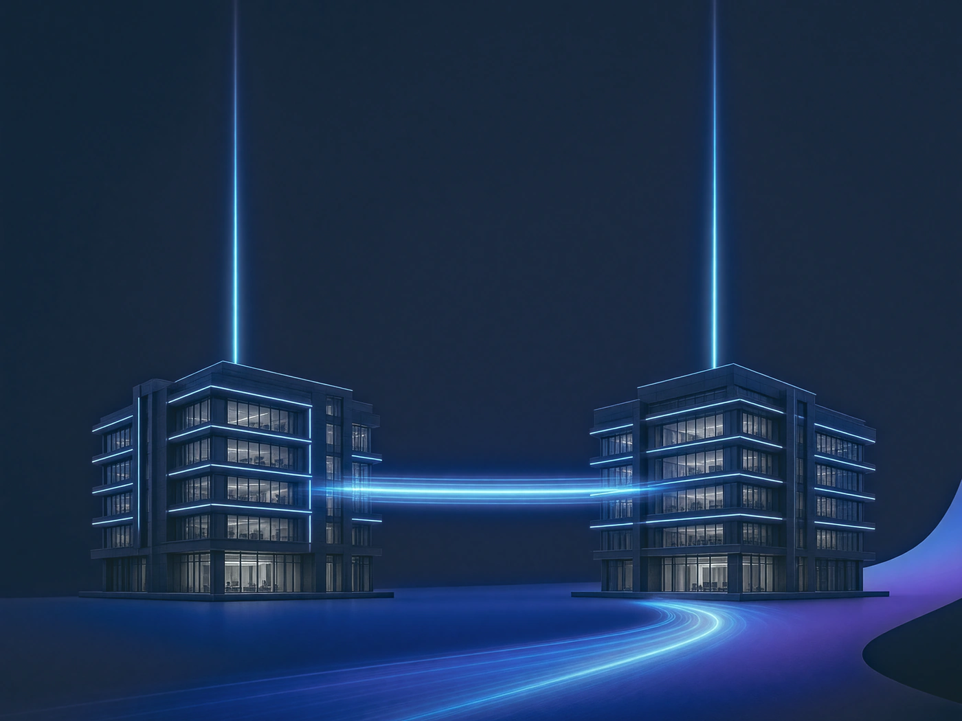 Illustration of two office buildings joined by a stream of light