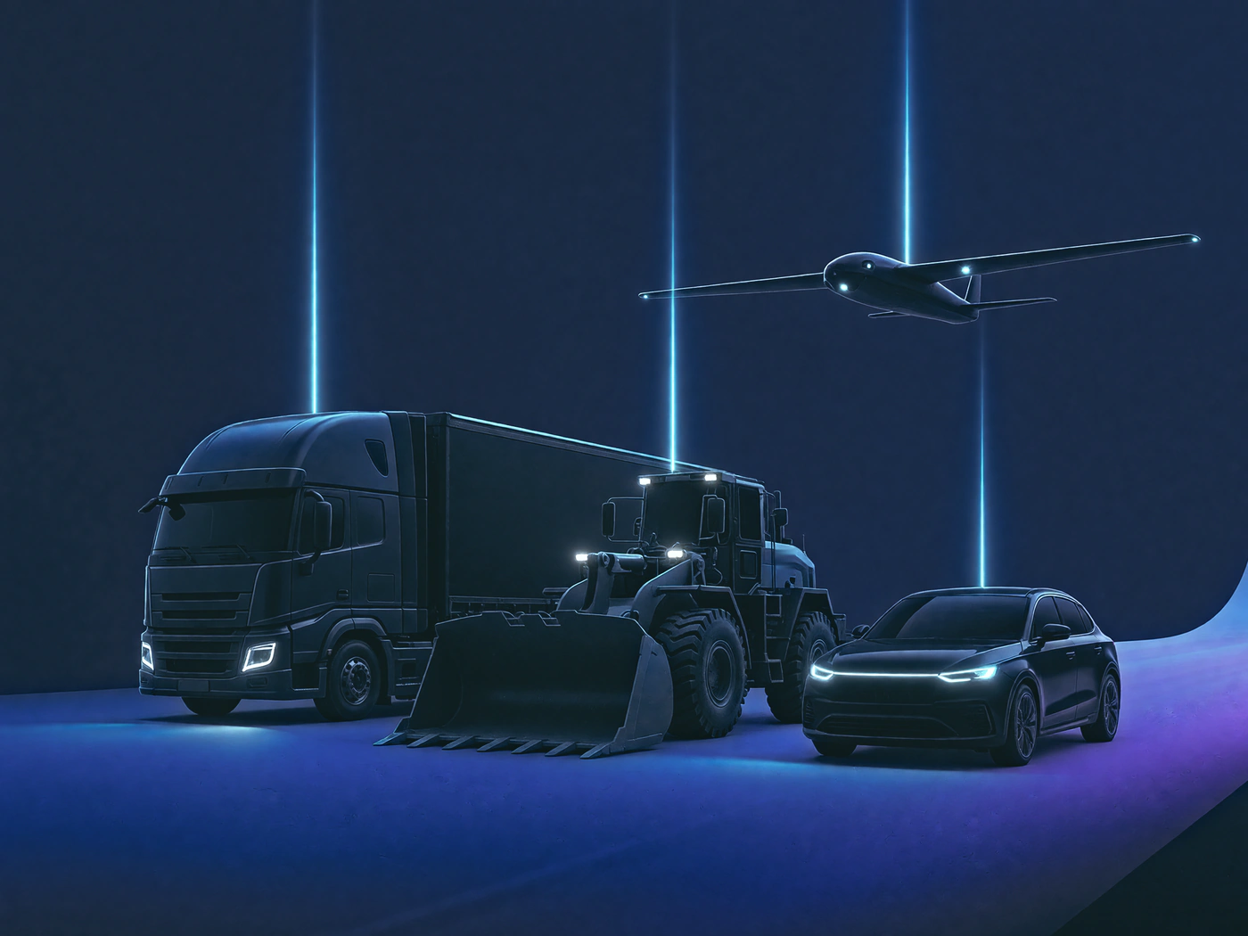Illustration of a truck, a wheel loader, a car and a winged drone, each with a link of light rising from it